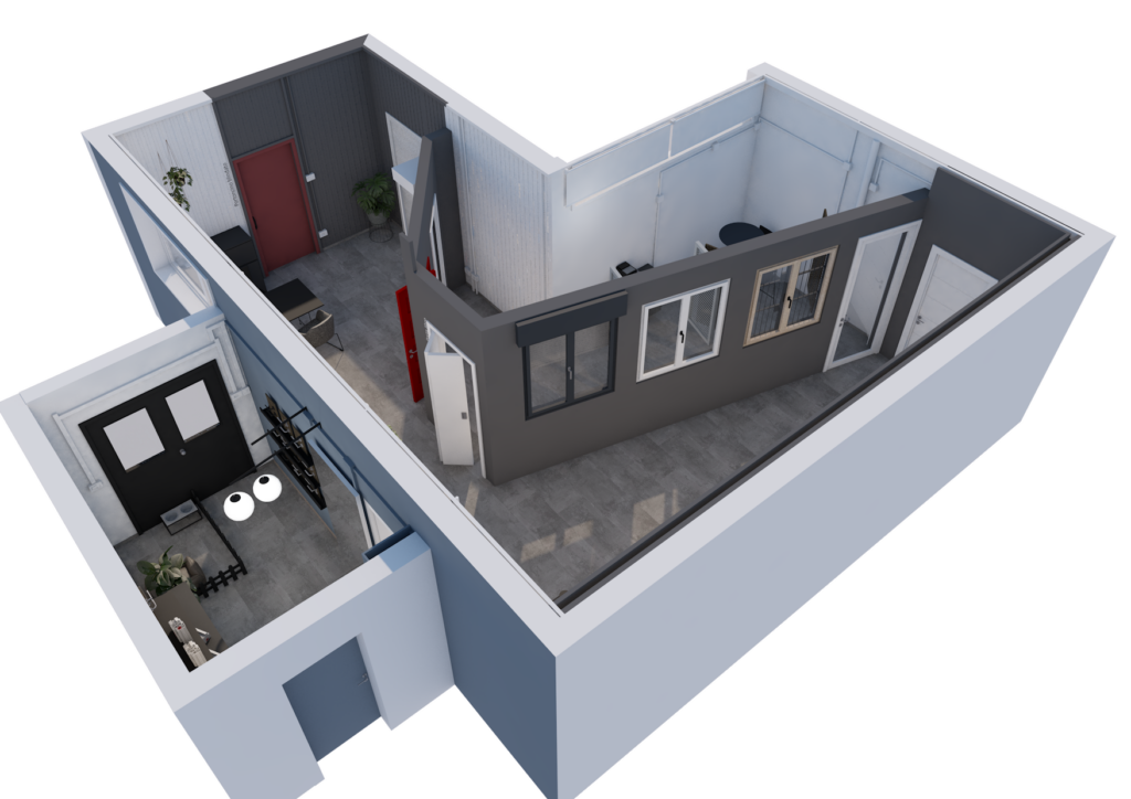 Progetto tecnico di showroom sala mostra per attività di vendita infissi